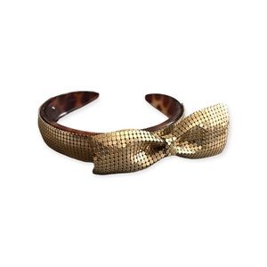 VTG 80s Hair Bow Mesh Gold Tone Headband Made In France Coquette Bow
